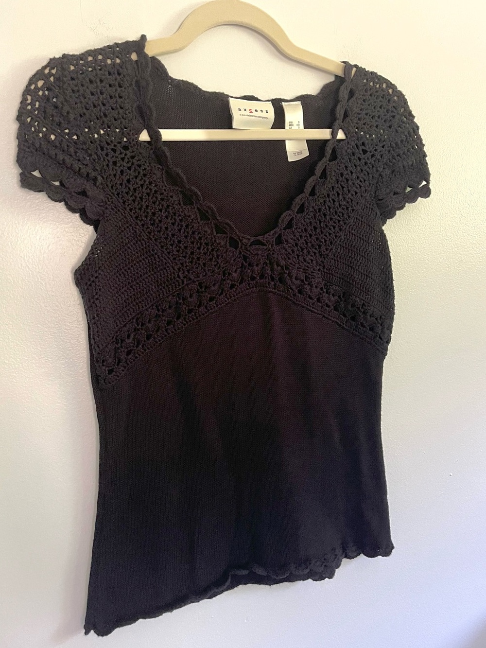 Y2K Black Crochet Babydoll Knit Top Whimsigoth Grunge Fairycore Romantic Goth Sm